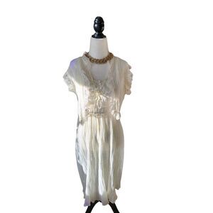 70s Cream Cottagecore Sundress with Petticoat Lace Ribbon 1970s Vintage Bridal